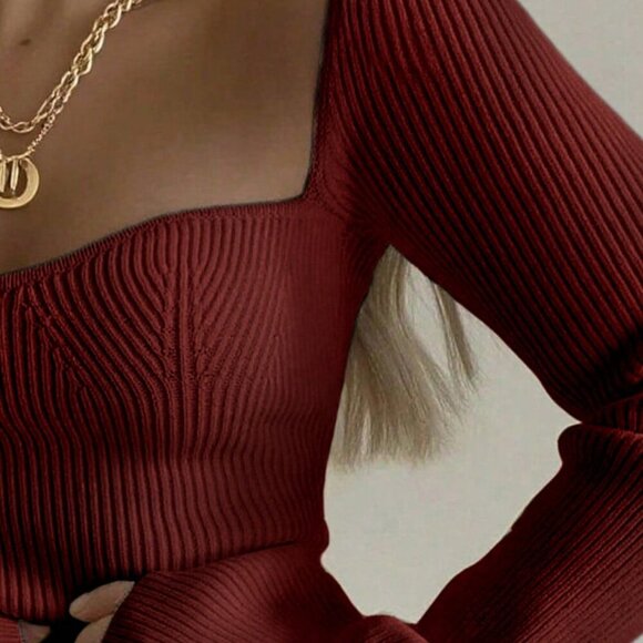 Burgundy Casual Women's Ribbed Knit Top - Picture 4 of 5